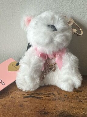 Juicy Couture White Plush Bear Keychain or Bag Charm with Rhinestone Charm NWT